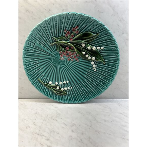 Vintage Majolica Lily of the Valley 11.5" Large Serving Platter Turquoise - Picture 1 of 6